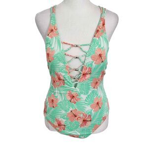 YMI Tropical Print One-Piece Swimsuit NWT Size Medium Green and Pink Swimsuit